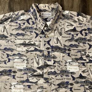 Vintage Columbia PFG Fish & Lures AOP Button Up Fishing Shirt Men's L